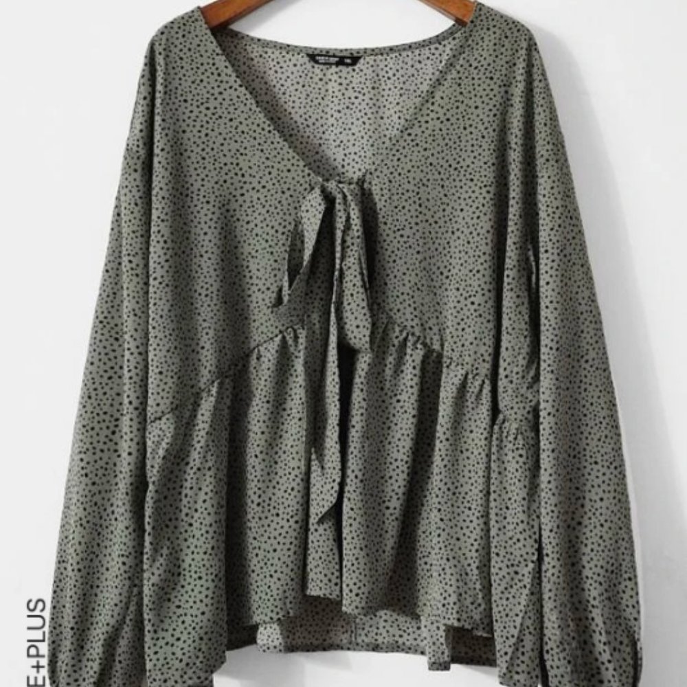 Confetti Print Tie Front Peplum Blouse